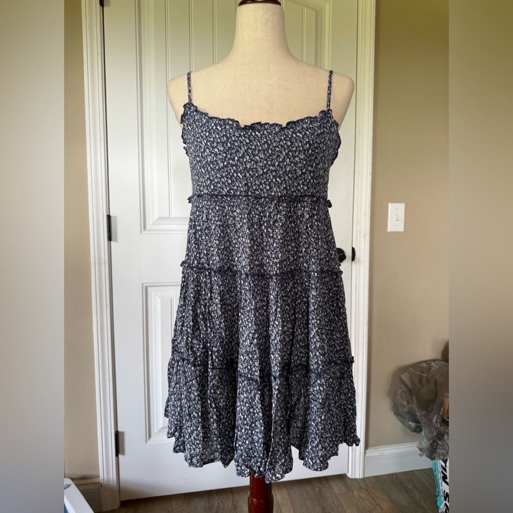 Lulus Navy Blue Floral Tiered Ruffle Spaghetti Strap Mini Dress Size S